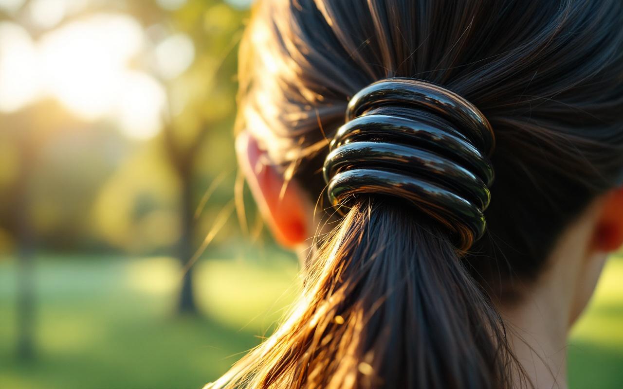 Gros plan d'une queue de cheval attach&eacute;e par un &eacute;lastique spirale plastique, texture brillante de l'&eacute;lastique et m&egrave;ches de cheveux visibles, arri&egrave;re-plan flou de feuillage et ciel bleu, lumi&egrave;re douce du matin.