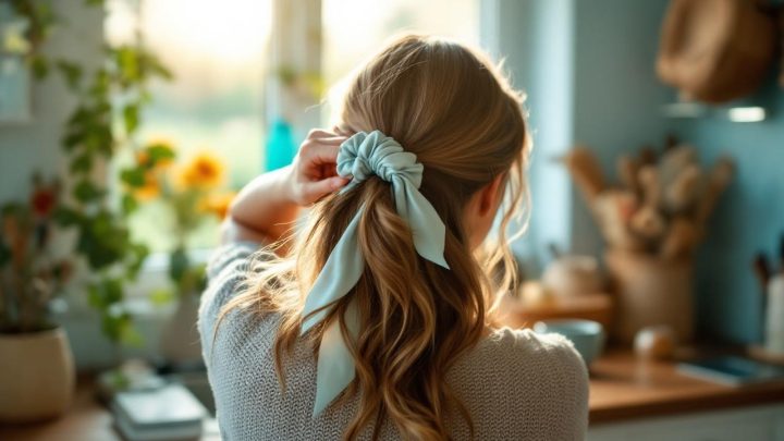 une-femme-attache-un-chouchou-en-soie-dans-ses-cheveux-pres-dune-fenetre-mains-en-mouvement-table-en-bois-et-tasse-a-cote-lumiere-du-matin-douce-avec-des-tons-bleus-et-verts