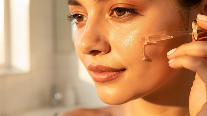 Femme appliquant un sérum aux peptides de collagène sur sa joue