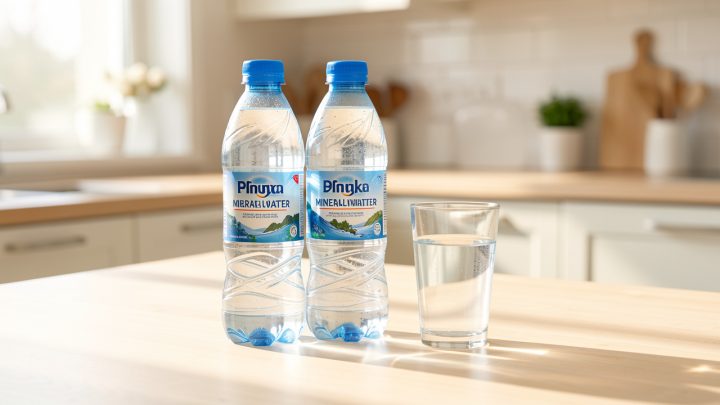 Bouteilles d’eau minérale et verre d’eau disposés sur une table de cuisine lumineuse, dans une ambiance éditoriale bien-être.
