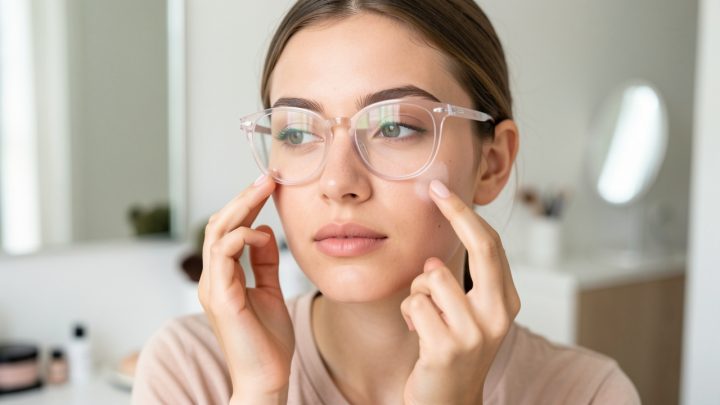 Une jeune femme portant des lunettes applique délicatement du maquillage autour de son nez et de ses joues dans une routine beauté rapide anti-traces.