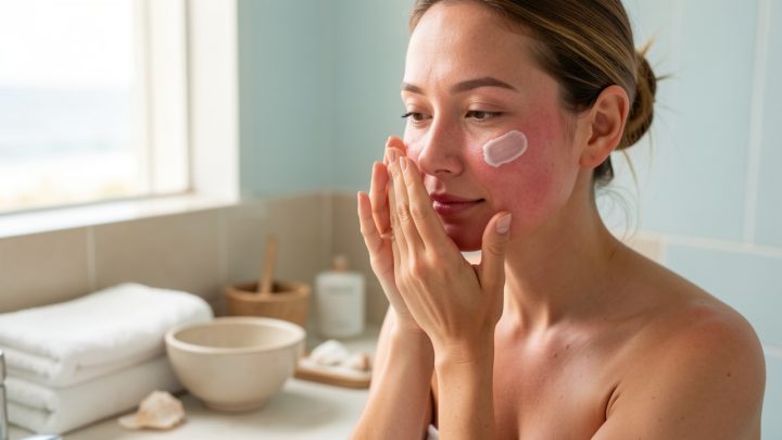 Une femme applique doucement une crème hydratante apaisante sur son visage après un bain de mer, dans une salle de bain lumineuse.