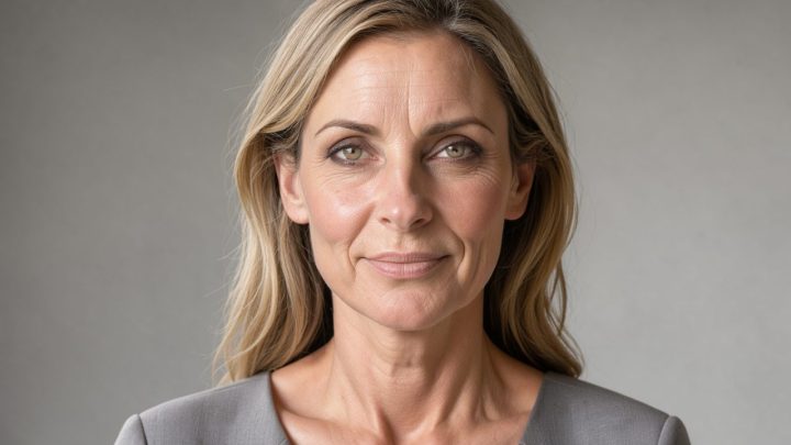 Portrait lumineux et réaliste d’une femme de 48 ans aux cheveux châtain clair beige, photographiée devant un fond neutre avec une lumière naturelle douce.