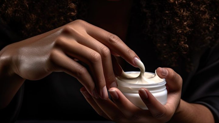 Femme appliquant une crème coiffante sur ses cheveux bouclés devant un miroir.