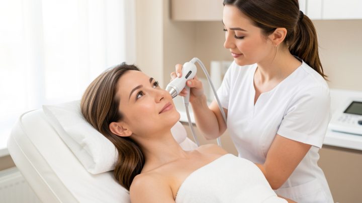Femme adulte recevant un soin de radiofréquence du visage dans une salle esthétique lumineuse et clinique.